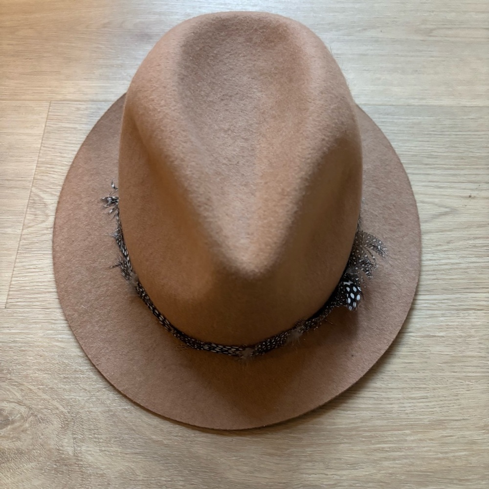 Tan Fedora Hat with Feather Detail